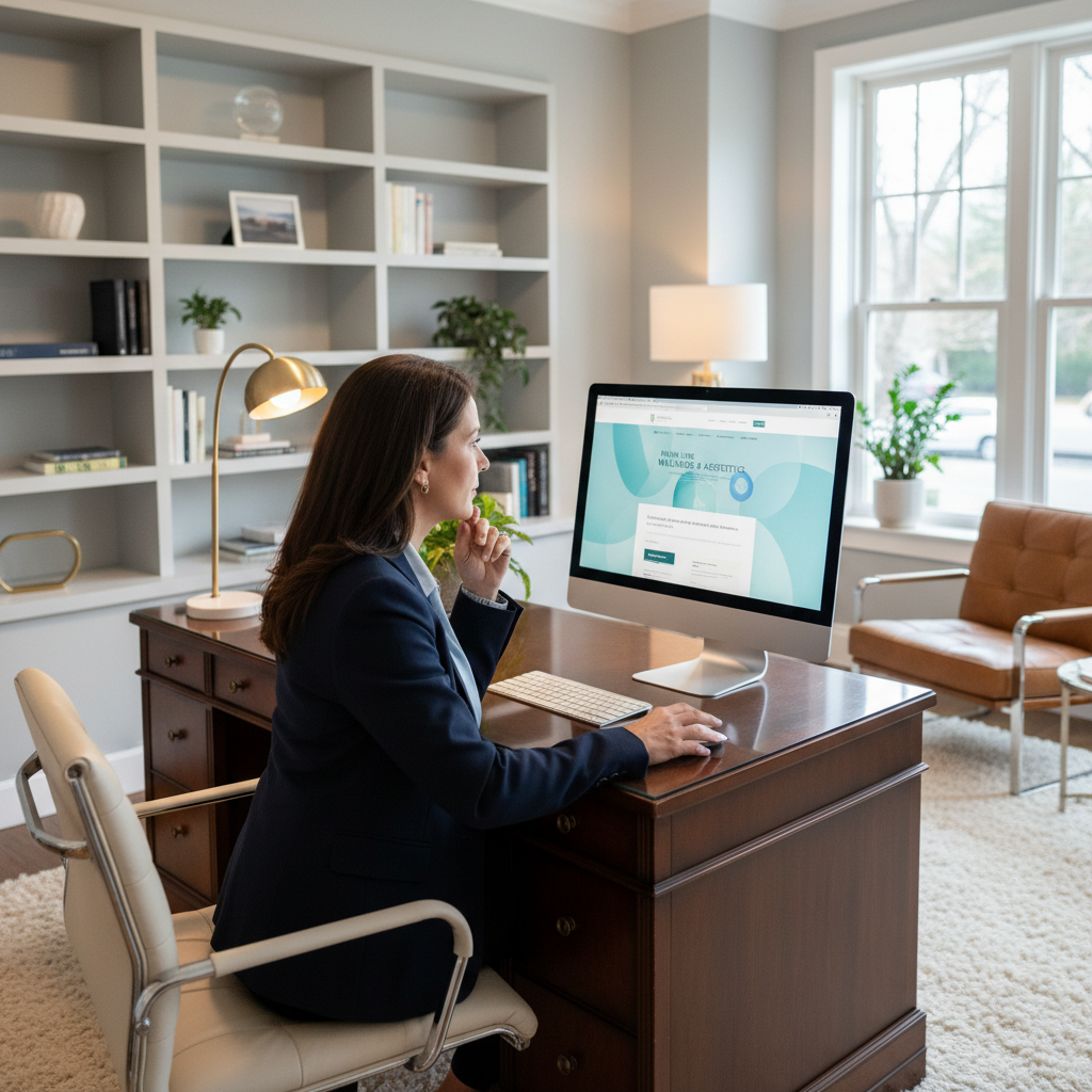 Philadelphia business owner in Main Line office reviewing website on computer